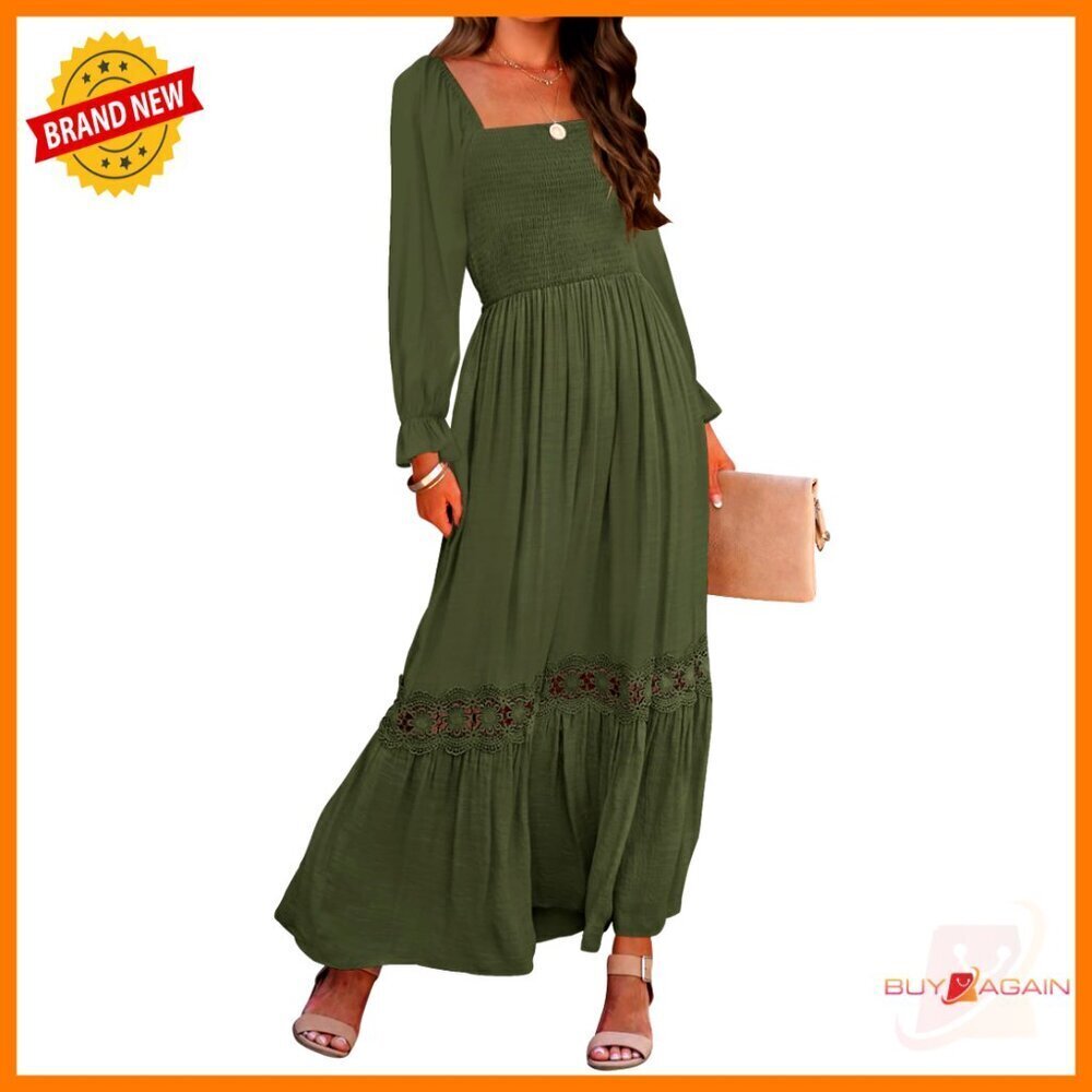 Boho Square Neck Smocked Maxi Dress Long Sleeve Flowy Lace Trim A-Line